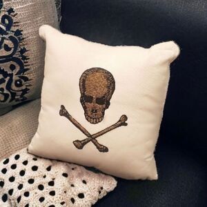 John Derian Halloween Beaded Gold Beaded Skull Pillow